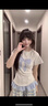 韓系撞色格紋拼接假兩件短袖t恤女夏季新款修身顯瘦蝴蝶結(jié)上衣服 白灰色 M 曬單實(shí)拍圖