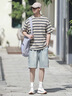 FOX.G男士短袖t恤男條紋寬松衣服男裝夏季2025新款男生半袖百搭情侶裝 卡其色圓領(lǐng)細條紋撞色T恤 2XL 【建議135-150斤】 曬單實拍圖