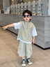 mlgt kids童裝男童套裝夏季新款韓版帥氣兒童短袖工裝衣服男孩夏裝 綠色 帥氣假兩件短袖短褲套裝 100 曬單實(shí)拍圖