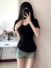 乖甜星純欲黑色v領(lǐng)正肩短袖t恤女2025夏季新款韓版修身顯瘦內(nèi)搭打底上衣 黑色 XL 115-130斤 曬單實拍圖