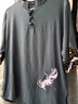 左斯客男士五分袖T恤漢服男中國風(fēng)男裝刺繡亞麻半袖POLO衫夏季寬 灰藍色YM901 仙鶴刺繡帶 云  L 曬單實(shí)拍圖