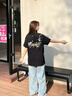辰衣純美式高街復古國風(fēng)花卉刺繡短袖t恤女生夏季新款oversize寬松上衣 黑色（純棉優(yōu)質(zhì)版） L 曬單實(shí)拍圖