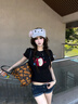 江南先生NewJNXS涼感冰皮短袖T恤夏季男修身正肩刺繡蘋果潮流上衣 黑色短款 彈力面料 M 曬單實(shí)拍圖