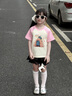 NASA STONE女童夏裝套裝2025新款兒童洋氣時髦短袖運動服女孩夏裝兩件套 粉杏+黑褲子【款一】 150 曬單實拍圖