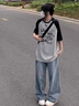 LDBE重磅純棉短袖t恤女寬松美式復古狗狗印花慵懶風(fēng)松弛感插肩袖上衣 黑拼花灰色 S 【80-100斤】 曬單實(shí)拍圖