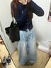 大碼彎刀褲直筒闊腿牛仔褲女秋冬新款高腰垂感鐮刀褲胖妹妹mm褲子 藍色 S 曬單實(shí)拍圖