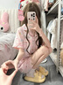 鉑吶苓睡衣 夏季薄款短袖褲兩件套女甜美卡通可愛(ài)可外穿大碼寬松家居服 睡衣短套裝【粉色小貓】L 曬單實(shí)拍圖