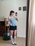 小野七天格紋一字肩短袖襯衫女夏季韓系甜美純欲修身掐腰荷葉邊設(shè)計(jì)感上衣 藍(lán)色 側(cè)面帶拉鏈 M 建議92-102斤 曬單實(shí)拍圖