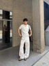 白色微喇潑墨牛仔褲男夏季薄款潮牌痞帥炸街褲子美式高街直筒長褲 白色 【高品質牛仔布】 M （關注優(yōu)先發(fā)貨） 曬單實拍圖