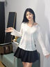 佐敘亞麻木耳邊V領(lǐng)防曬罩衫女2025夏新款外套薄款純欲寬松微透長袖T恤 米白色 M （95-110斤） 曬單實(shí)拍圖