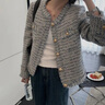歌芭杉品牌女裝重工小香風外套女2025早秋新款毛邊金屬扣洋氣高級感上衣 淺藍夾白 M 曬單實拍圖