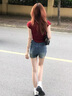 純棉重磅美式翻領(lǐng)撞色潮流短袖t恤女夏季2025新款寬松半拉鏈上衣 紅色【純棉】 L 曬單實(shí)拍圖