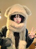 途尊冬季毛絨小狗耳朵帽子圍巾手套一體帽三件套女防寒加厚保暖護脖女 卡其色 曬單實(shí)拍圖