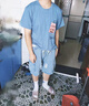 gxmy短袖t恤男生夏季套裝酷帥穿搭一整套男士搭配牛仔短褲帥氣衣服潮 純棉T白色+大口袋牛仔褲淺藍 XL 【建議120-140斤 曬單實(shí)拍圖