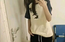 京多夢(mèng)純棉拼接短袖t恤女2025夏季新款寬松韓版學(xué)生休閑半袖百搭上衣衫 藏青拼杏色豎3貓 L (105-120斤） 曬單實(shí)拍圖