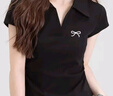 NOME夏季正肩T恤上衣螺紋polo衫女側(cè)邊褶皺修身顯瘦短袖T恤女 黑色 L 曬單實拍圖