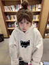 趣米樂韓版慵懶風小貓印花連帽衛(wèi)衣女春秋季新款寬松打底衫休閑上衣外套 白灰色 L 曬單實拍圖