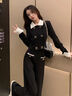薩拉維夫（SLLAVIF）品牌黑色小香風(fēng)套裝女2025新款顯瘦減齡感休閑運動(dòng)闊腿褲兩件套秋 黑色套裝 S 曬單實(shí)拍圖