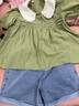 革曼孕婦上衣夏季韓版寬松短袖t恤翻領(lǐng)襯衣娃娃衫孕婦套裝夏裝時(shí)尚女 綠上衣+藍卷邊短褲 M 曬單實(shí)拍圖