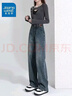 真維斯（Jeanswest）牛仔褲女2026秋冬新款顯瘦小個(gè)子寬松直筒褲高腰潮流拖地闊腿褲女 復古藍加絨九分 2XL 曬單實(shí)拍圖
