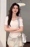 衣然呈品甜美不規(guī)則短袖T恤女夏季新款大碼胖mm設(shè)計(jì)感露肩修身顯瘦上衣女 白色 M 【建議90-110斤】 曬單實(shí)拍圖