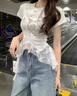 妙奕嘉白色短袖t恤女新款2025年女裝夏季女士正肩上衣女生純欲修身體恤 蕾絲拼接不規(guī)則飄帶短袖 L 【建議95-105斤】 曬單實拍圖