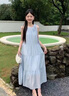 棉致扎染系帶掛脖吊帶連衣裙女夏季2025新款氛圍感海邊度假風(fēng)長裙子 藍(lán)色連衣裙 L 建議110-120斤 曬單實(shí)拍圖