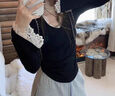 莫代爾V領(lǐng)蕾絲打底衫女內搭上衣早秋基礎百搭修身顯瘦長(cháng)袖t恤黑色 曬單實(shí)拍圖