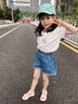 佐緋絡(luò)店鋪女童短褲牛仔褲夏裝高腰花苞嬰兒薄款寶寶洋氣小童寬松熱褲子 深藍(lán)色兩?？鄹哐萄?59 建議身高50厘米 曬單實(shí)拍圖