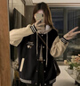 JAVC美式外套女2025春秋款連帽寬松學(xué)院風(fēng)長(zhǎng)袖撞色拼接ins棒球夾克衫 黑色  L 建議 105-120斤 曬單實(shí)拍圖