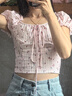 樂(lè)町復(fù)古甜美感碎花泡泡袖設(shè)計(jì)感系帶T恤女夏季新款修身短袖 粉色（現(xiàn)貨） M 曬單實(shí)拍圖