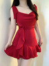 粉媚夢(mèng)新品紅色連衣裙裙子女夏季2025新款衣服女裝小個(gè)子吊帶裙純欲女裙 復古蕩領(lǐng)系帶荷葉邊紅裙 M 曬單實(shí)拍圖