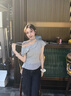 皓娥 不規(guī)則斜肩短袖t恤女裝夏季格子拼接小眾設(shè)計感顯瘦假兩件露肩 【圖片色-送圍脖 】 S 曬單實拍圖