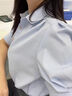 皓娥短袖襯衫女法式泡泡袖面試通勤襯衣氣質(zhì)短袖職業(yè)Polo領(lǐng)小個子上衣 藍(lán)色 M 曬單實拍圖