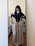 DAVEY MODE女士夏季衣服新款新中式國風套裝半身裙褲女水墨闊腿褲裙套裝女 暈染花色飄飄褲+黑色上衣 M 曬單實拍圖
