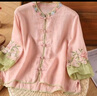 顏熏末年新款夏季棉麻民族風(fēng)重工刺繡盤(pán)扣文藝茶服上衣遮肉寬松上衣 粉色 4XL 170-190建議體重 曬單實(shí)拍圖