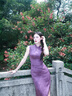 微光里新中式連衣裙女高級感名媛清冷感改良旗袍蝴蝶印花長裙性感包臀裙 紫色M碼【90-100斤】 曬單實拍圖