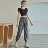 佑游瑜伽服女士帶胸墊運動(dòng)普拉提短袖上衣發(fā)帶二件套J32030DY黑色 L 曬單實(shí)拍圖