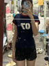 樂(lè)卡利 美式T恤女正肩短袖復(fù)古撞色條紋棉上衣辣妹夏季運(yùn)動(dòng)跑步修身顯瘦 美式T恤女【藏青色L 120內(nèi)】 曬單實(shí)拍圖