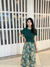 尚靜知性優(yōu)雅兩件套夏新設(shè)計(jì)感針織T恤+油畫風(fēng)玫瑰裙套裝 綠/花色 M 曬單實(shí)拍圖