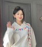 魯雅爾韓系慵懶風涂鴉卡通連帽衛(wèi)衣女早秋季寬松打底衫休閑上衣服外套潮 白灰色 常規(guī)款 L 曬單實拍圖