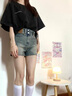 美式復古高腰牛仔短褲女夏季新款小個(gè)子顯瘦a字百搭闊腿熱褲子潮 復古藍 M 曬單實(shí)拍圖