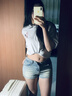 佐敘辣妹高腰彈力牛仔短褲女2025夏季做舊顯瘦百搭緊身包臀牛仔褲熱褲 淺藍(lán)色 M （100-115斤） 曬單實(shí)拍圖