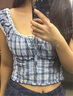 UR春季新款女裝蕾絲木耳邊撞色格紋罩衫襯衫UYY250025 藍色格子 (偏短) M 曬單實(shí)拍圖