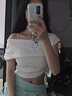 妙奕嘉斜肩上衣夏季短袖白色t恤女新款2025年女士短款純欲辣妹女裝修身 一字肩扭結(jié)露肩短袖 L 【建議115斤內(nèi)】 曬單實(shí)拍圖