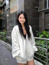 JAVC美式復(fù)古街頭連帽衛(wèi)衣女春秋oversize薄款外套chic慵懶開(kāi)衫上衣女 淺灰色(春秋薄款) L 建議 100-120斤 曬單實(shí)拍圖