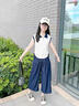女童夏裝無袖套裝2025新款洋氣女大童夏季短袖兒童牛仔闊腿褲子 套裝【T恤+褲子】 140 曬單實拍圖