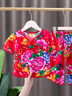 迪士尼（DISNEY）東北大花嬰兒服兒童女寶過年長袖睡衣中國風棉綢嬰兒衣服夏裝薄款 紅色牡丹短袖七分褲綿綢套裝 160 cm 曬單實拍圖