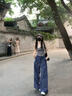 趙露思同款藍(lán)格子休閑褲女男早秋夏季小眾排扣設(shè)計(jì)直筒闊腿拖地褲 藍(lán)格 2XL 曬單實(shí)拍圖