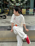 Mmlg 87mm 純棉短袖T恤女夏季新款手繪兔子韓系圓領(lǐng)半袖寬松情侶上衣 白色 S 曬單實(shí)拍圖